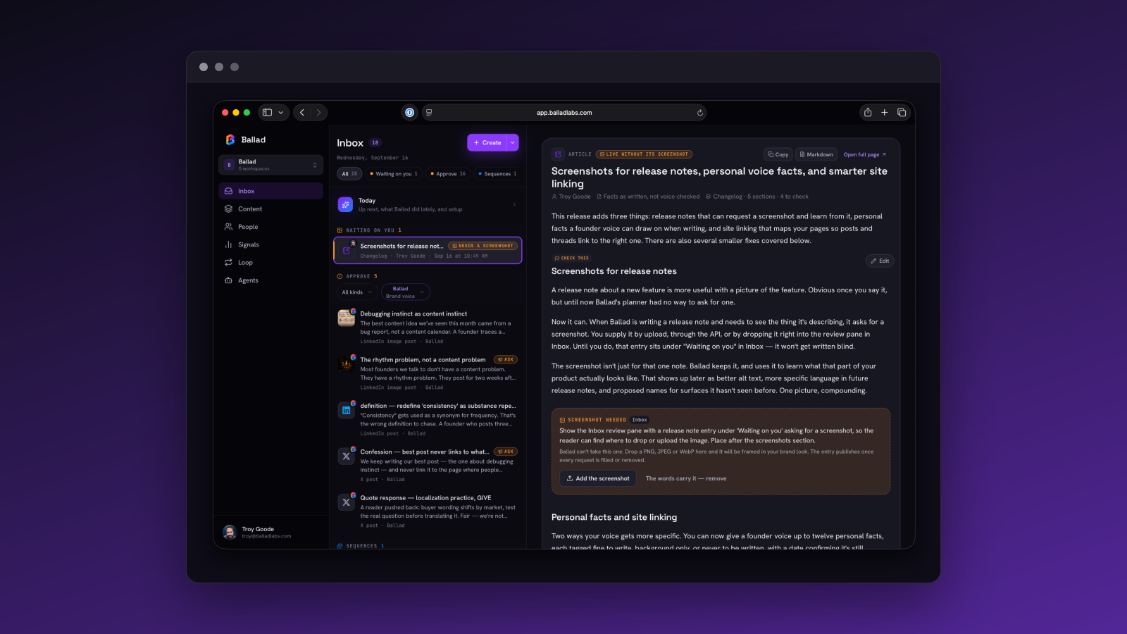 A dark-themed Ballad app Inbox with a left sidebar navigation, a middle list of inbox items grouped into Waiting on you and Approve, and a right pane showing a release notes article that prompts to add a screenshot.